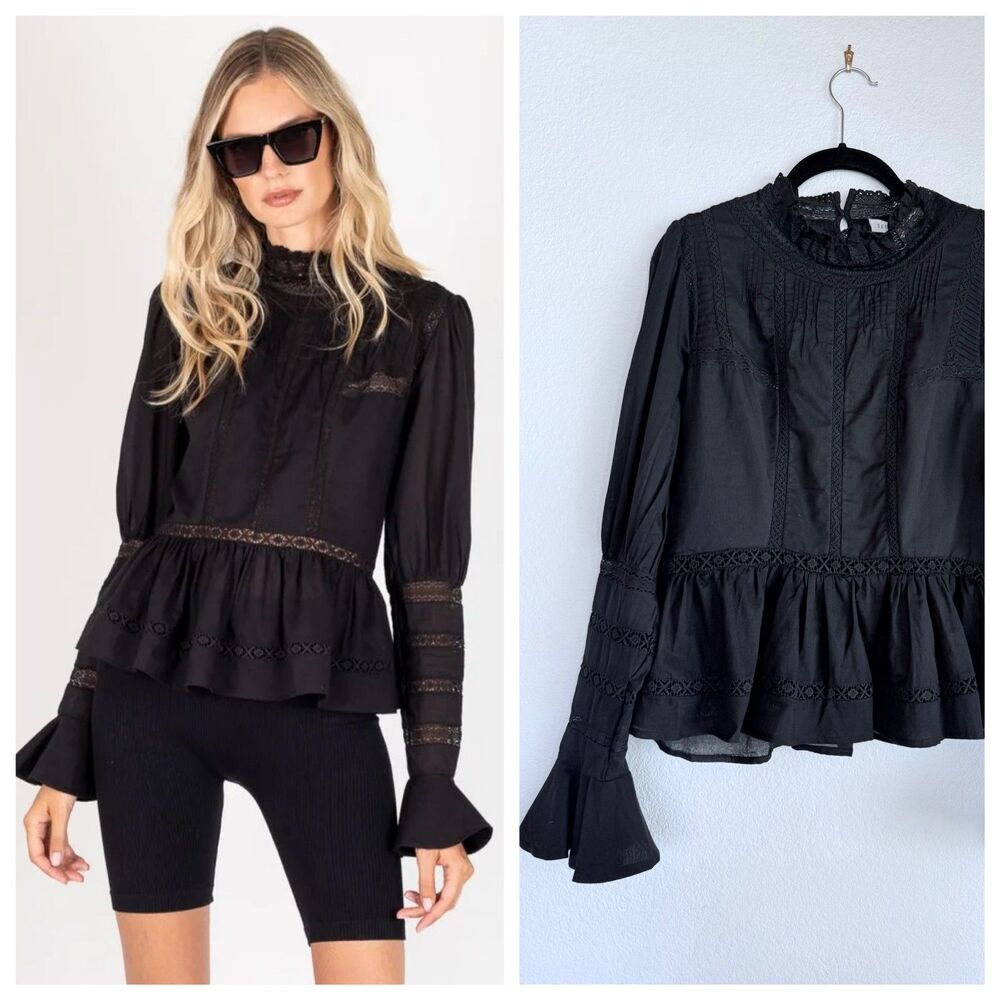 NWT Secret Mission Black Organic Cotton Phoebe Lace Mock Neck Long Sleeve Blouse